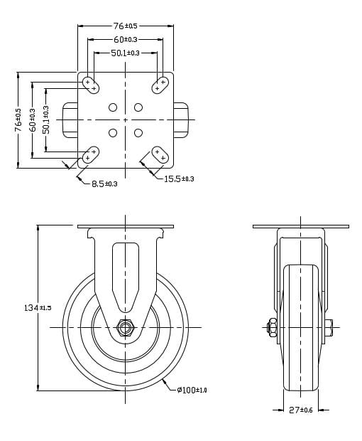 Ø 100 mm | Ruota fissa senza freno: gomma termoplastica, piastra di fissaggio, boccola liscio, capacità di carico 90 kg | 3011A-100