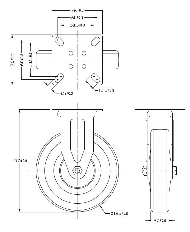 Ø 125 mm | Ruota fissa senza freno: gomma termoplastica, piastra di montaggio, boccola liscio, capacità di carico 120 kg | 3011A-125