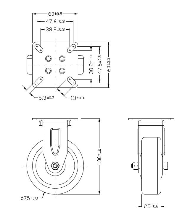 Ø 75 mm | Ruota fissa senza freno: miscela di gomma termoplastica, piastra di fissaggio, boccola liscio, capacità di carico 60 kg | 3011A-75