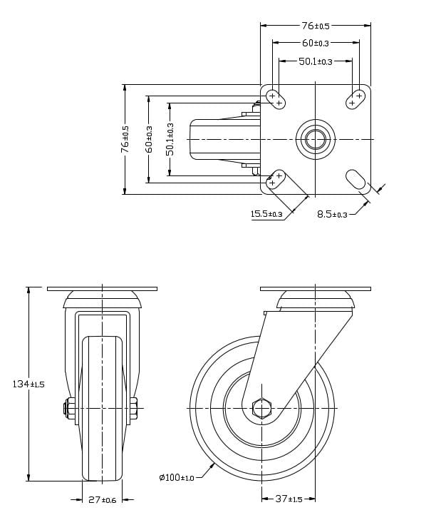 Ø 100 mm | Ruota girevole senza freno: gomma termoplastica, piastra di fissaggio avvitabile, boccola liscio, capacità di carico 90 kg | 3013A-100