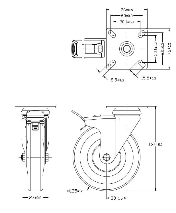 Ø 125 mm | Ruota girevole con freno: gomma termoplastica, piastra di fissaggio, boccola liscio, capacità di carico 120 kg | 3014A-125