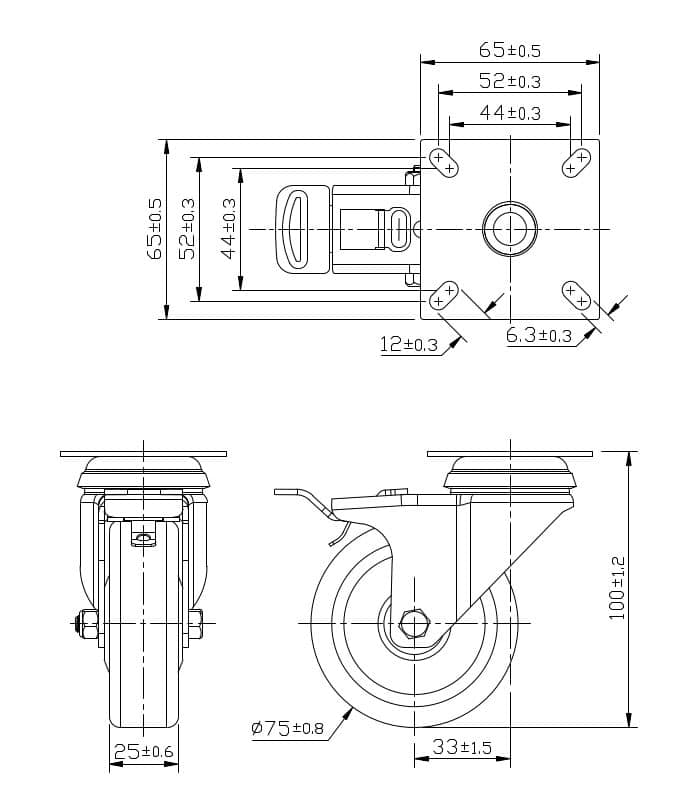 Ø 75 mm | Ruota girevole con freno: materiale in gomma termoplastica, piastra di fissaggio, boccola liscio, capacità di carico 60 kg | 3014A-75