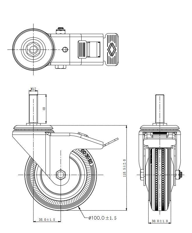 Ø 100 mm | Ruota girevole con freno Metallo gomma Perno filettato Cuscinetto a rulli Capacità di carico 70 kg | 4009-100
