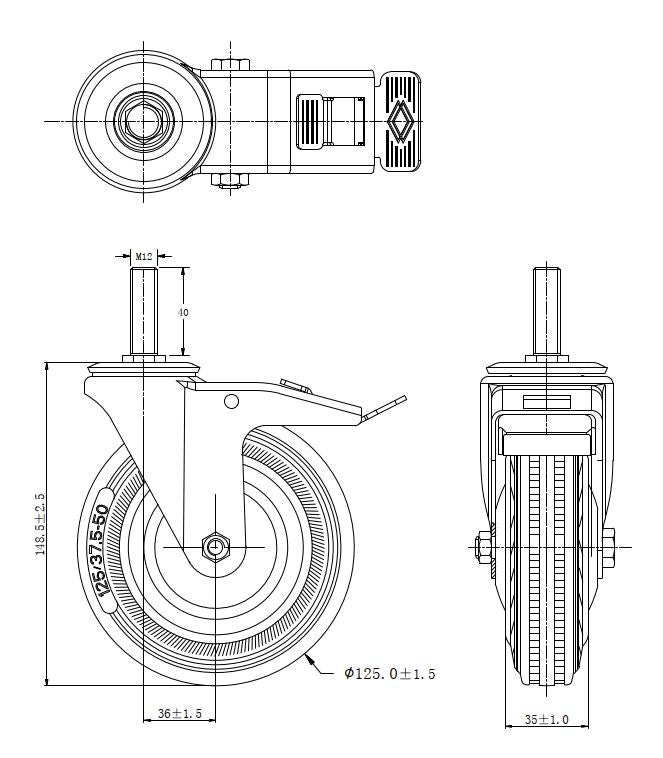 Ø 125 mm | Ruota girevole con freno Metallo gomma Perno filettato Cuscinetto a rulli Capacità di carico 100 kg | 4009-125