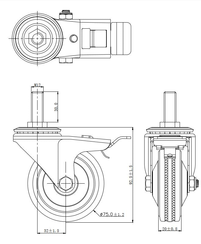 Ø 75 mm | Ruota girevole con freno Metallo gomma Perno filettato Cuscinetto a rulli Capacità di carico 50 kg | 4009-75