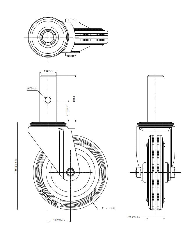 Ø 160 mm | Ruota girevole senza freno Ruota per impalcatura con perno Metallo gomma Montata con asse a innesto Cuscinetto a rulli Capacità di carico 125 kg | 1157-160
