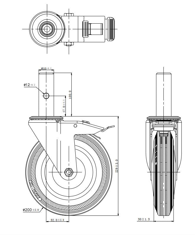 Ø 200 mm | Ruota girevole con freno Ruota per impalcatura con perno Metallo gomma Cuscinetto a rulli Capacità di carico 185 kg | 1158-200