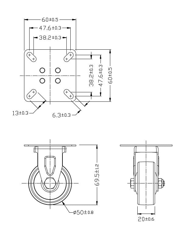 Ø 50 mm | Ruota fissa senza freno: materiale in gomma termoplastica, piastra di montaggio, boccola liscio, capacità di carico 40 kg | 3011A-50