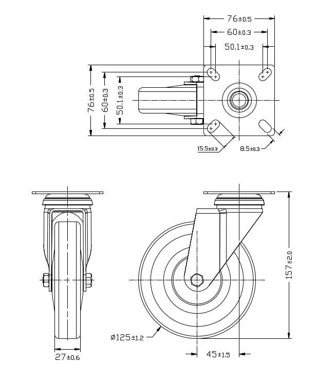 Ø 125 mm | Ruota girevole senza freno: gomma termoplastica, piastra di fissaggio avvitabile, boccola liscio, capacità di carico 120 kg | 3013A-125