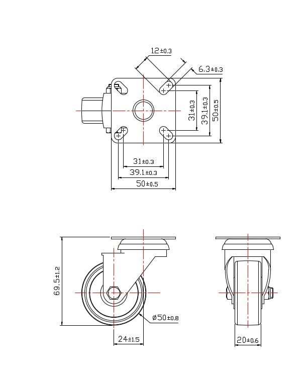 Ø 50 mm | Ruota girevole senza freno: materiale in gomma termoplastica, piastra di fissaggio, boccola liscio, capacità di carico 40 kg | 3013A-50