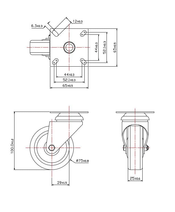 Ø 75 mm | Ruota girevole senza freno: gomma termoplastica, piastra di montaggio, boccola liscio, capacità di carico 60 kg | 3013A-75