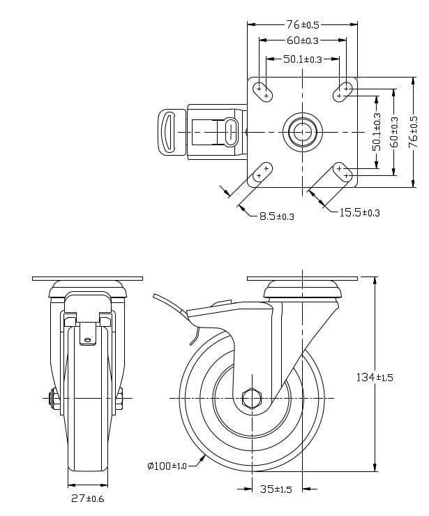 Ø 100 mm | Ruota girevole con freno: materiale in gomma termoplastica, piastra di fissaggio, boccola liscio, capacità di carico 90 kg | 3014A-100