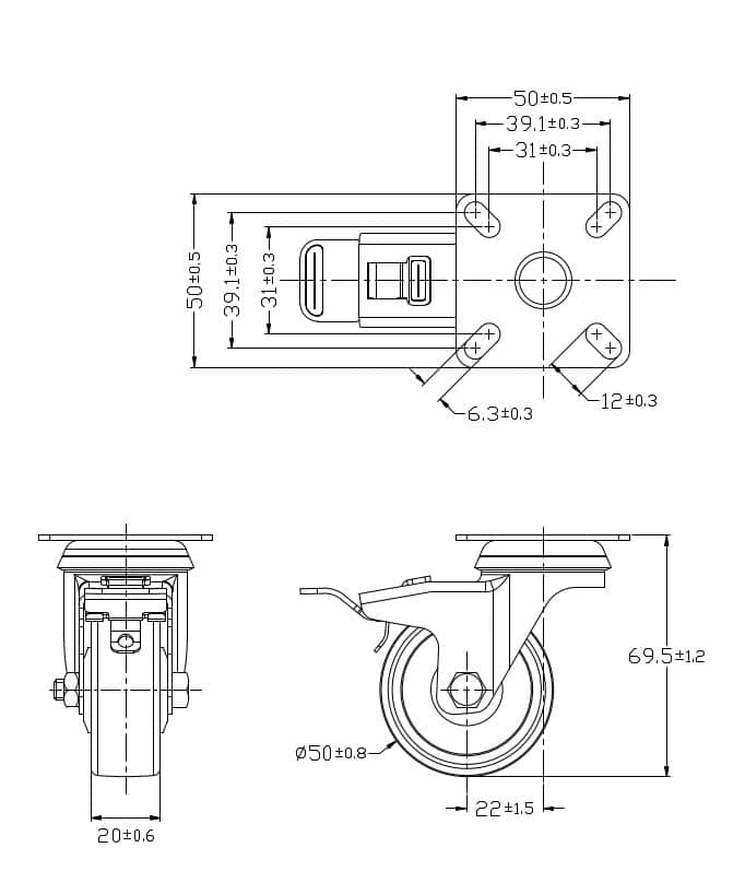 Ø 50 mm | Ruota girevole con freno: materiale in gomma termoplastica, piastra di fissaggio, boccola liscio, capacità di carico 40 kg | 3014A-50