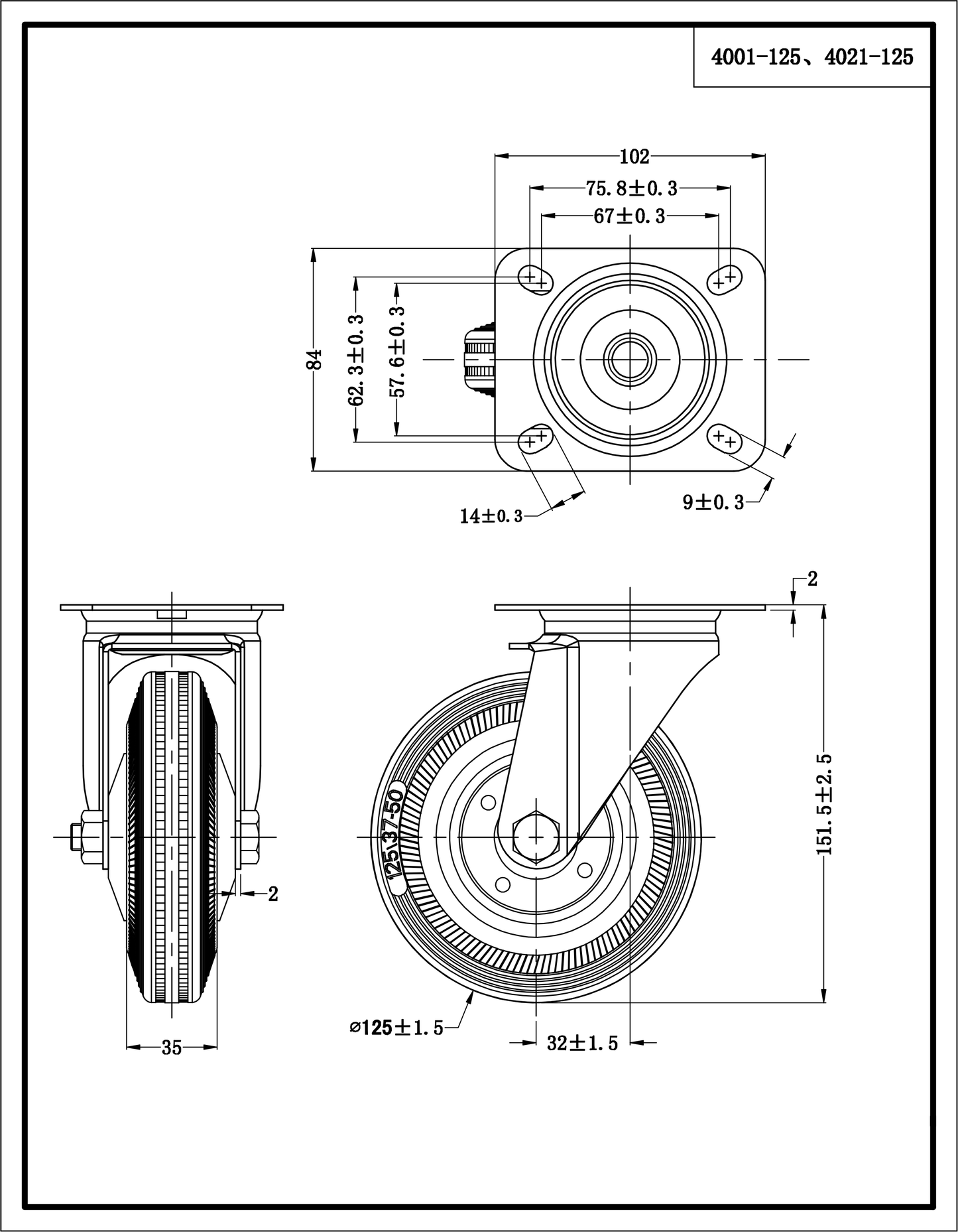 Ø 125 mm | Ruota girevole senza freno: metallo-gomma, piastra di fissaggio, cuscinetto a rulli, portata 100 kg | 4001-125