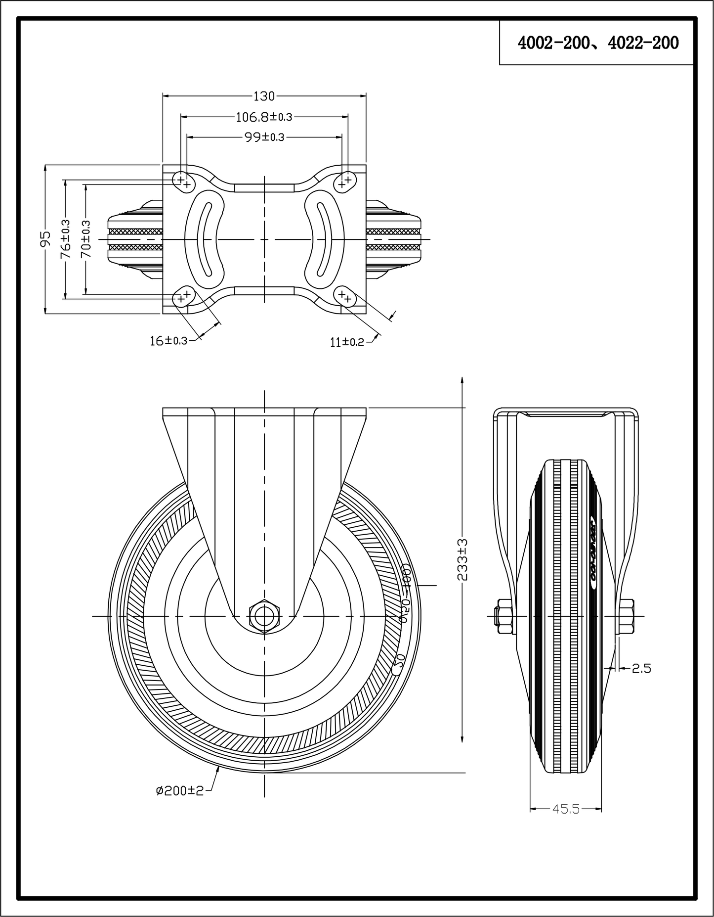 Ø 200 mm | Ruota fissa senza freno: metallo-gomma, piastra di fissaggio, cuscinetto a sfere, portata 185 kg | 4002-200