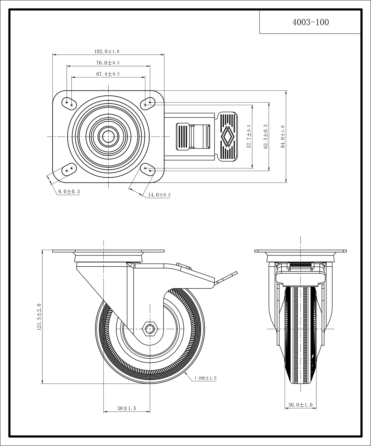 Ø 100 mm | Ruota girevole con freno Metallo gomma Piastra di fissaggio Cuscinetto a rulli Capacità di carico 70 kg | 4003-100