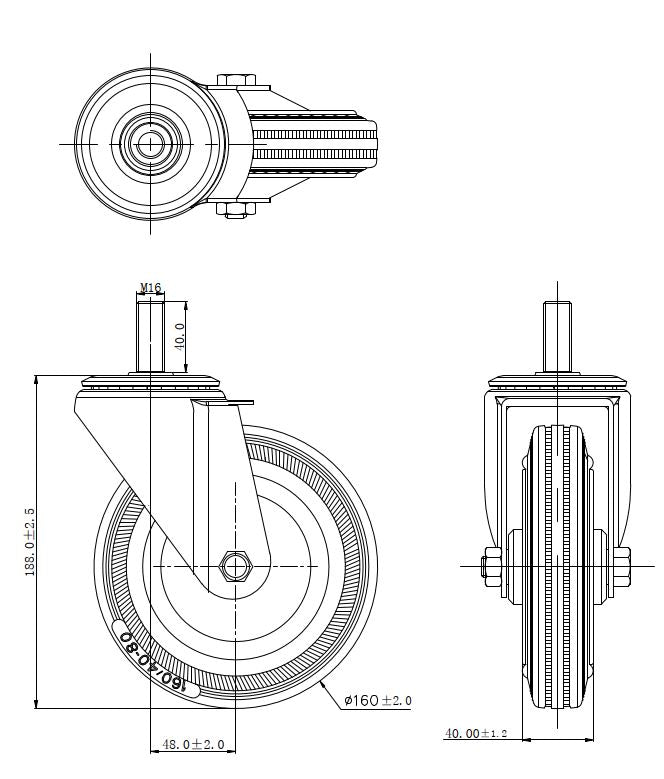 Ø 160 mm | Ruota girevole senza freno Ruota per impalcatura con perno Metallo gomma Perno filettato Cuscinetto a rulli Capacità di carico 145 kg | 4008-160