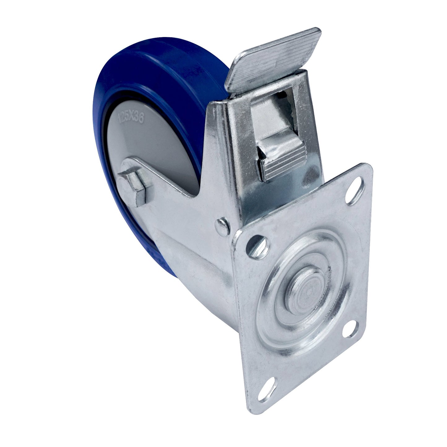 Ø 125 mm | Ruota girevole con freno Plastica Gomma elastica Piastra di fissaggio Cuscinetto a sfere Capacità di carico 230 kg | A-EU04-125